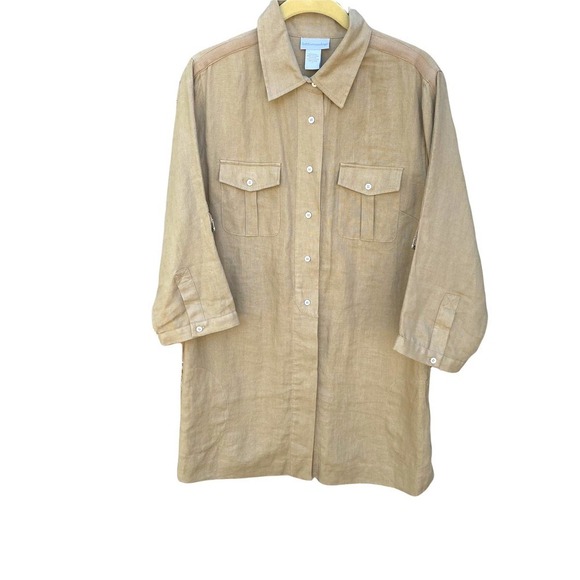Soft Surroundings Tan 100% Linen Lagenlook long line button front shirt sz L - Picture 1 of 11